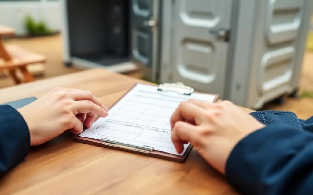 Hands reviewing a rental planning checklist on a clipboard outdoors