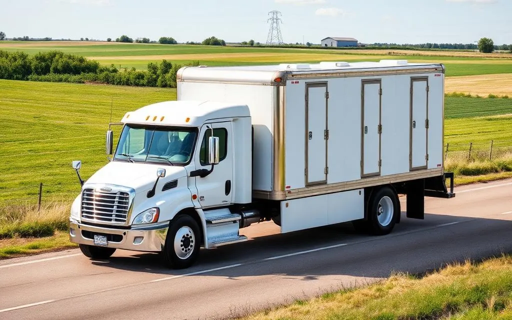 White service truck carrying portable restroom units on a rural road